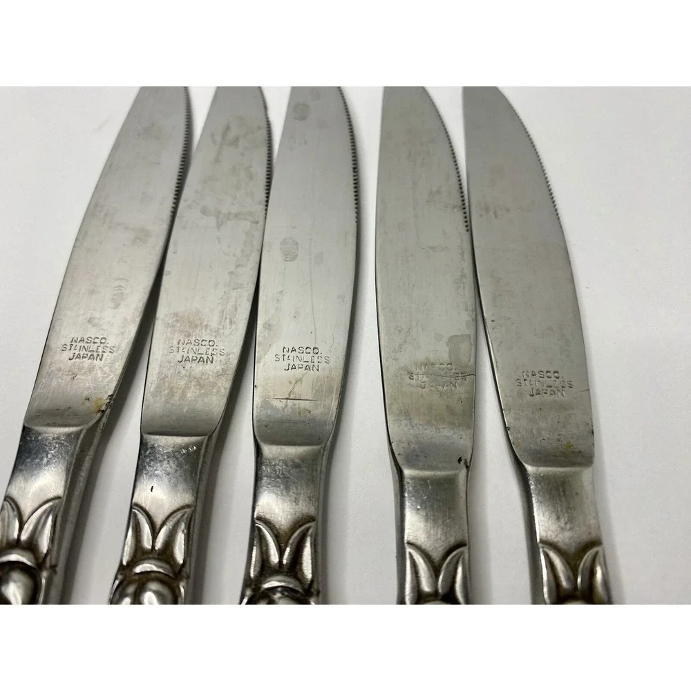 Nasco Stainless Steel Westwood Dinner Knives Lot of 5 Made in Japan Rose Floral
